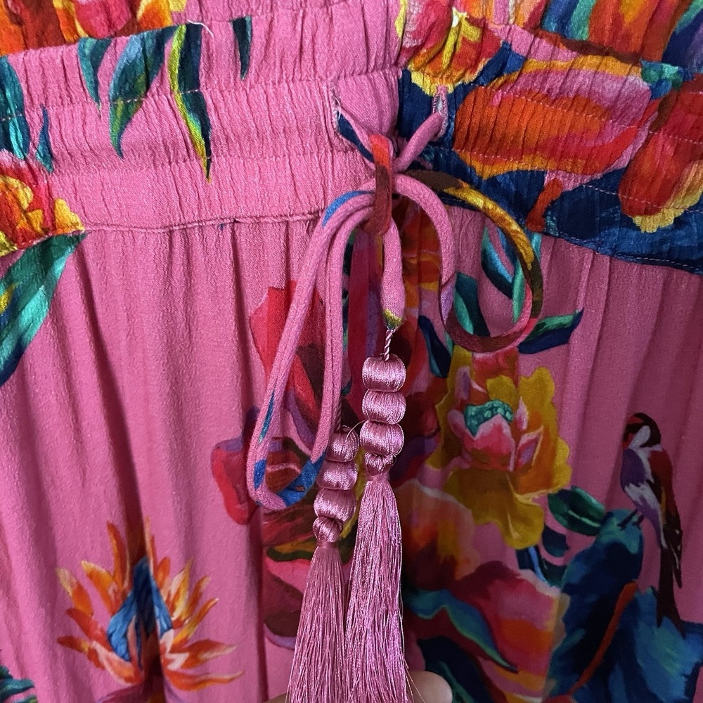 Farm Rio V-Neck Long Sleeve Floral Midi Dress Boho Tropical Pink Sz L B39 - Picture 9 of 15